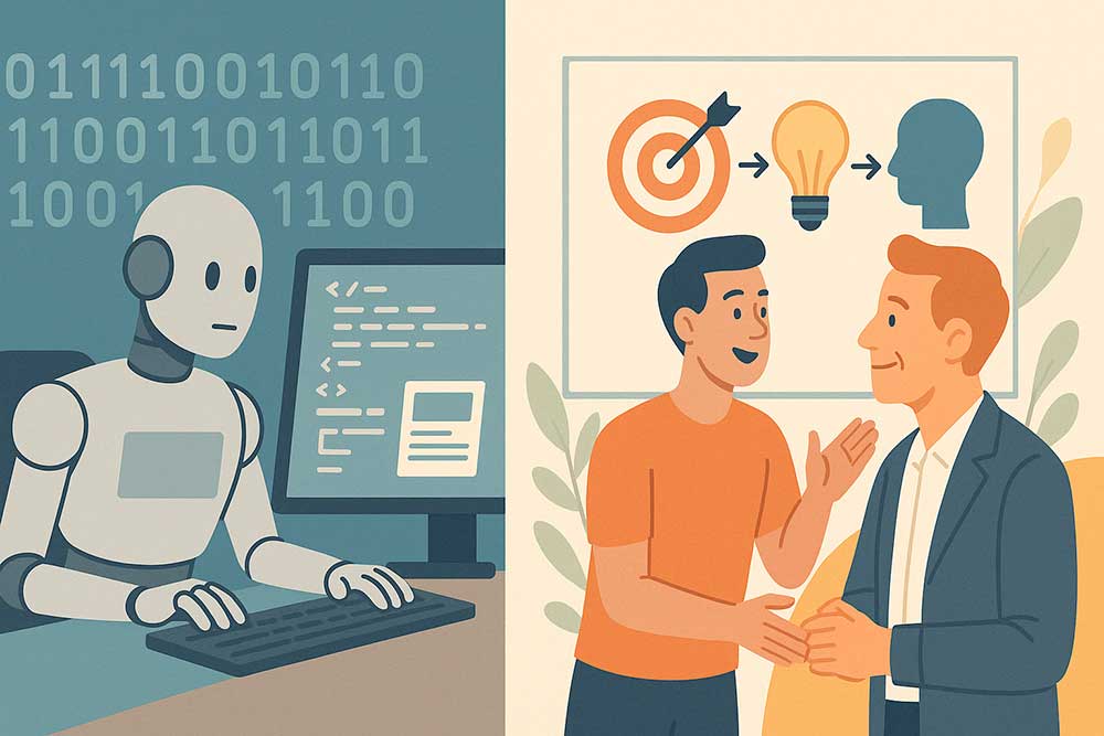 Confronto visivo tra un'intelligenza artificiale che genera codice e un web designer per piccole imprese che pianifica strategie con un cliente.