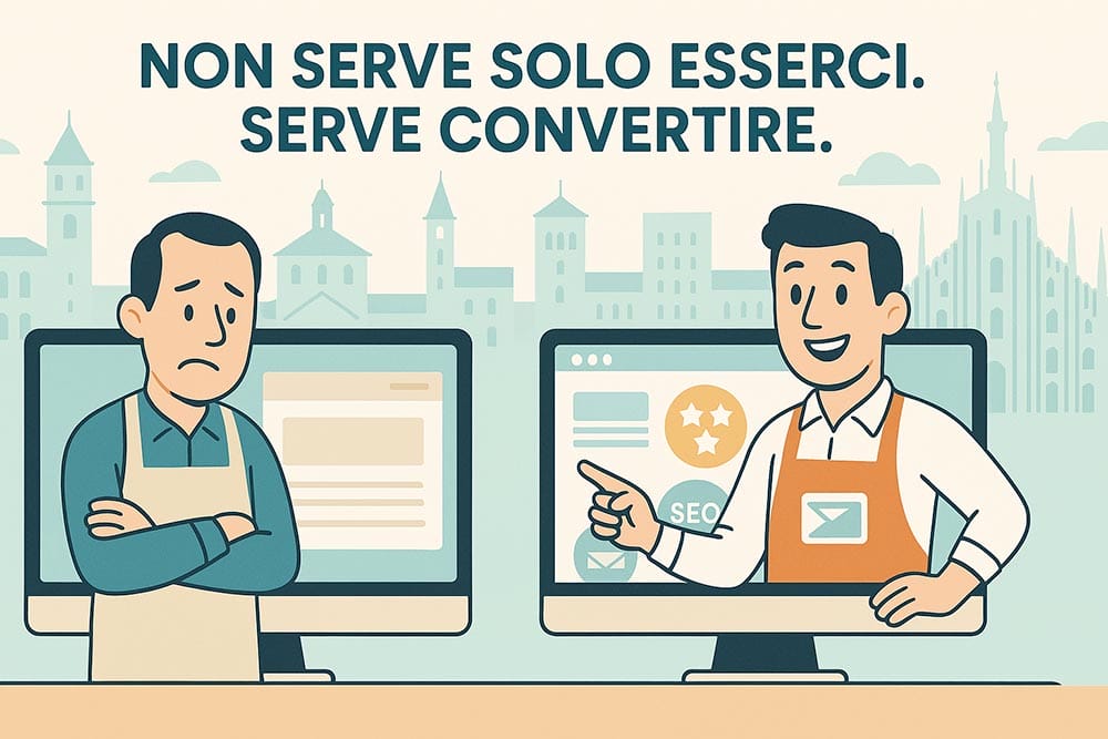 Illustrazione che mostra due persone: una senza conversioni dal suo sito, l'altra con molti lead e contatti dal suo sito.
