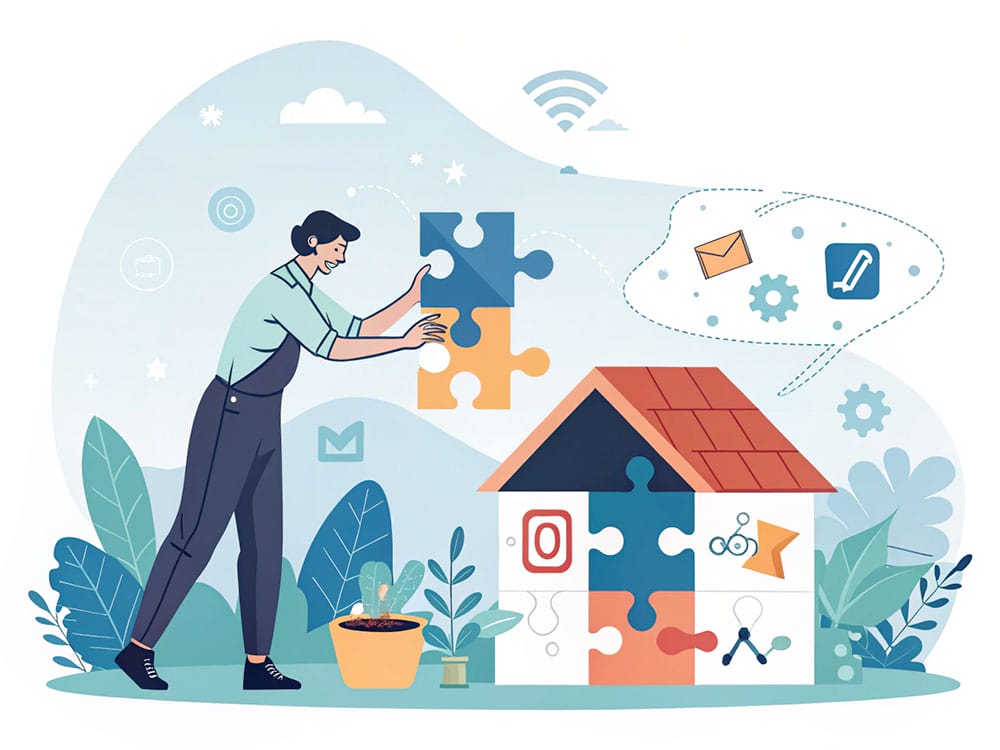 Illustrazione che mostra un imprenditore locale che crea diverse strategie di marketing integrate per pubblicizzare la sua attività.